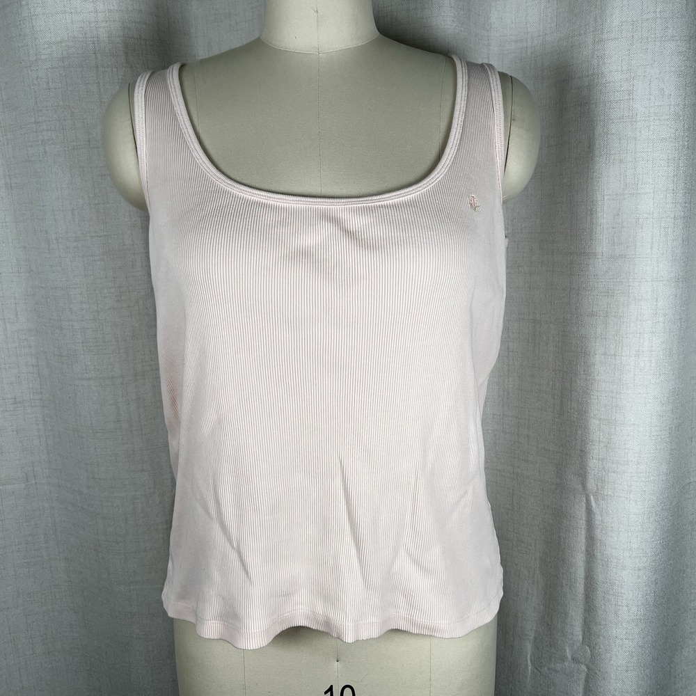 Vintage Y2K Lauren Ralph Lauren Women's XL Pastel Pink Monogram Ribbed Tank Top